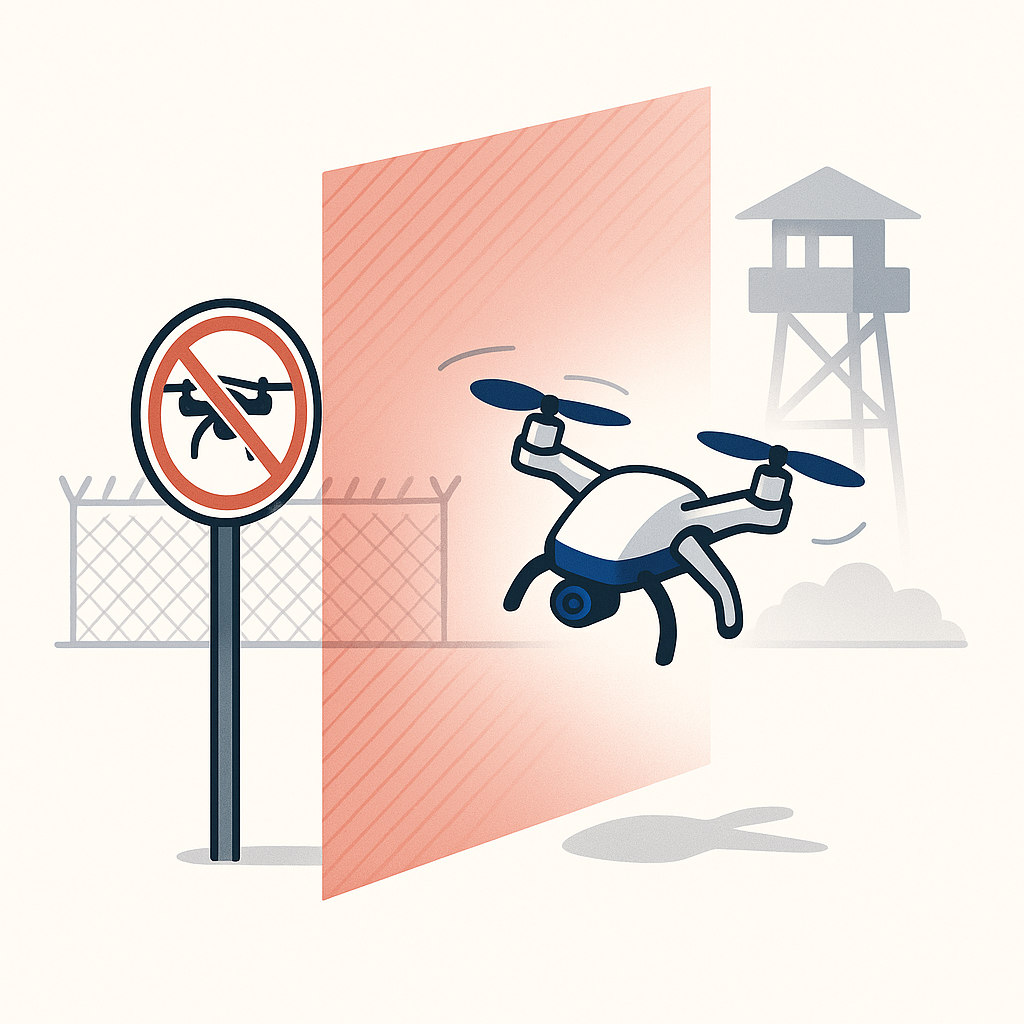 Ilustracja: dron przed znakiem strefy zakazanej